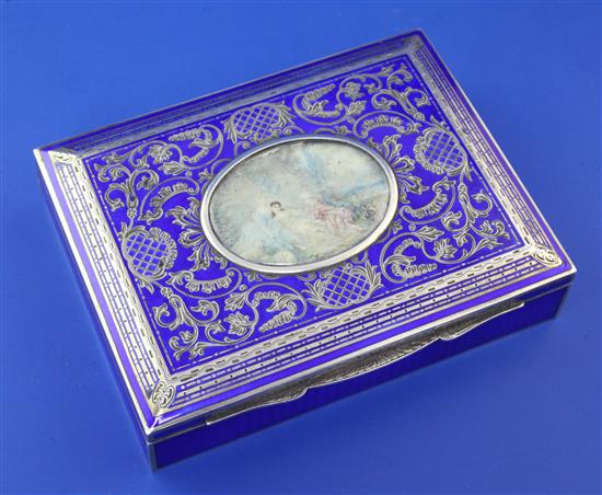 A 1920s Austrian 935 standard silver and blue guilloche enamel rectangular trinket box, gross 9.5 oz.